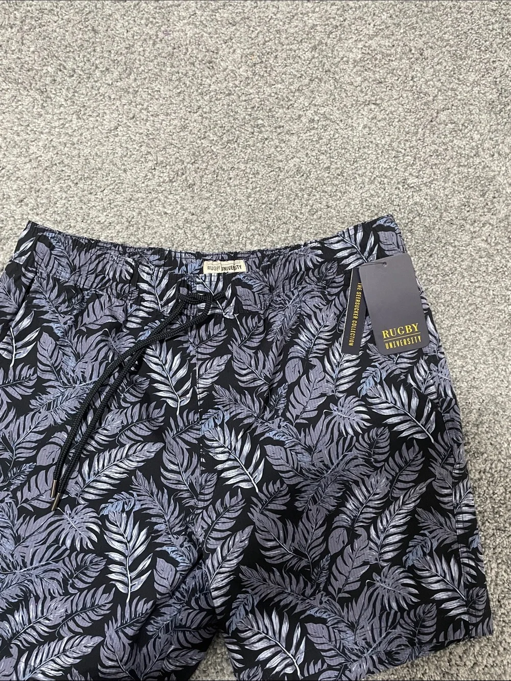Rugby Ralph Lauren Navy and Light Gray Leaf-Print Swim Shorts